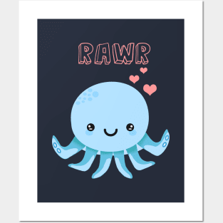 Cute Kawaii Octopus Rawr - Blue Posters and Art